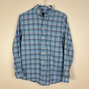 Vineyard Vines Boys Blue Plaid Whale Shirt Large 16 100% Cotton Button Down